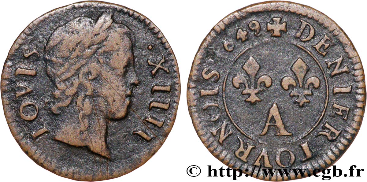 LOUIS XIV  THE SUN KING  Denier tournois 1649 Paris, Moulin du Louvre VF