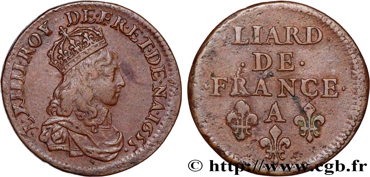 LOUIS XIV  THE SUN KING  Liard de cuivre, 2e type 1655 Corbeil MBC