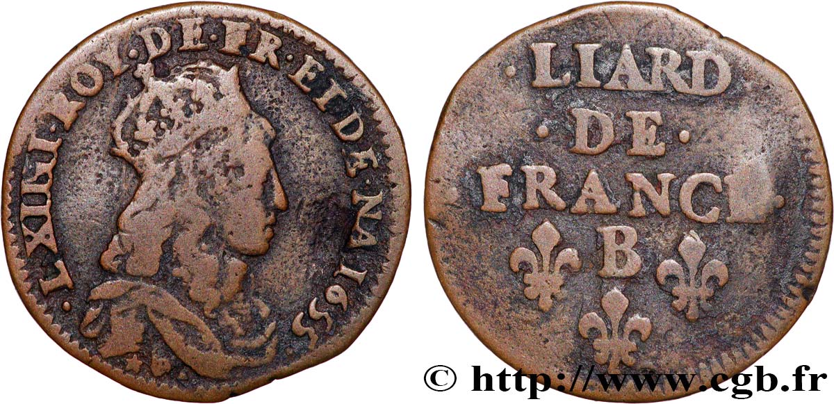 LOUIS XIV LE GRAND OU LE ROI SOLEIL Liard de cuivre, 2e type 1655 Pont-de-l’Arche TB