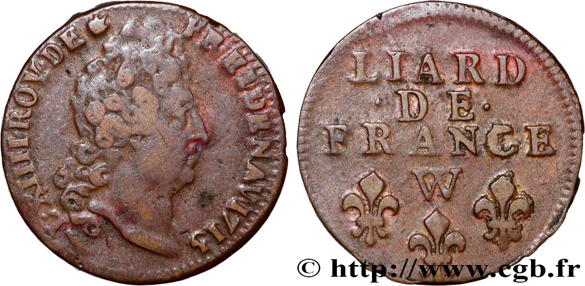 LOUIS XIV LE GRAND OU LE ROI SOLEIL Liard de France au buste nu 1713 Lille TB+/TTB