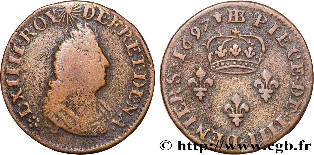 LOUIS XIV  THE SUN KING  IIII deniers 1697 Strasbourg MB