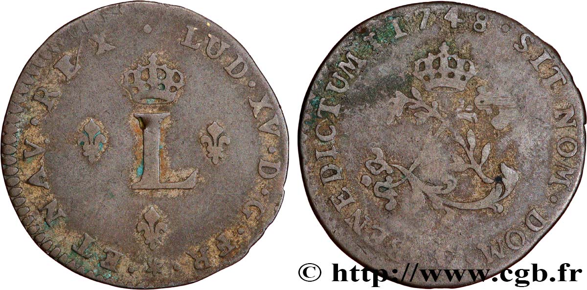 LOUIS XV  THE WELL-BELOVED  Double sol de billon 1748 Caen fSS