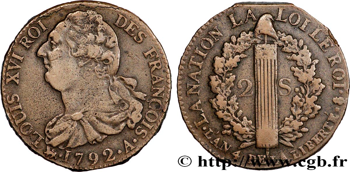 LOUIS XVI 2 sols dit  au faisceau , type FRANÇOIS 1792 Paris BB