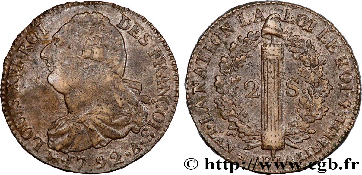 LOUIS XVI 2 sols dit  au faisceau , type FRANÇOIS 1792 Paris q.SPL