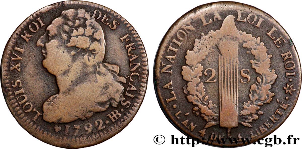 LOUIS XVI 2 sols dit  au faisceau , type FRANÇAIS 1792 Strasbourg BC+