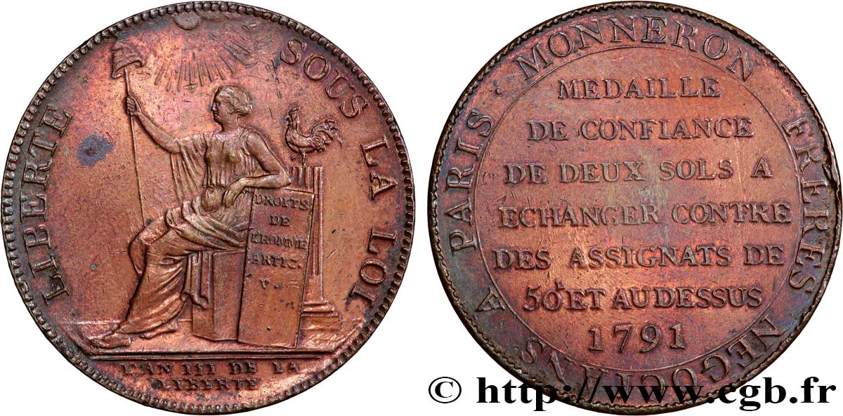 REVOLUTION COINAGE Monneron de 2 sols à la Liberté 1791 Birmingham, Soho MBC