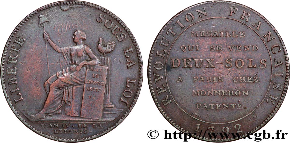 REVOLUTION COINAGE Monneron de 2 sols à la Liberté 1792 Birmingham, Soho BB