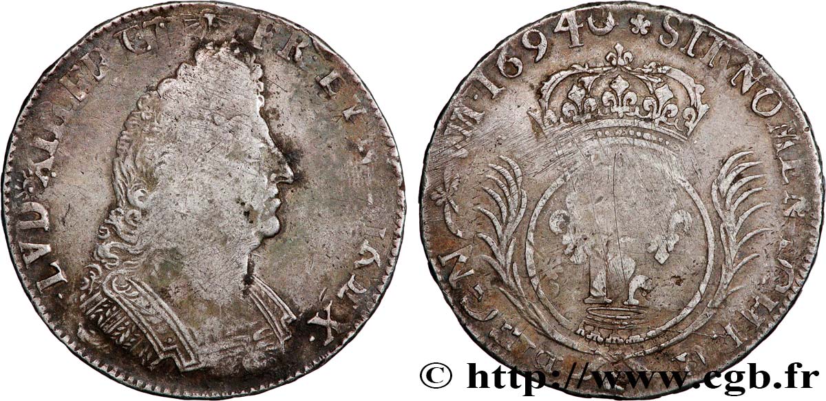 LOUIS XIV  THE SUN KING  Écu aux palmes 1694 Lille VF