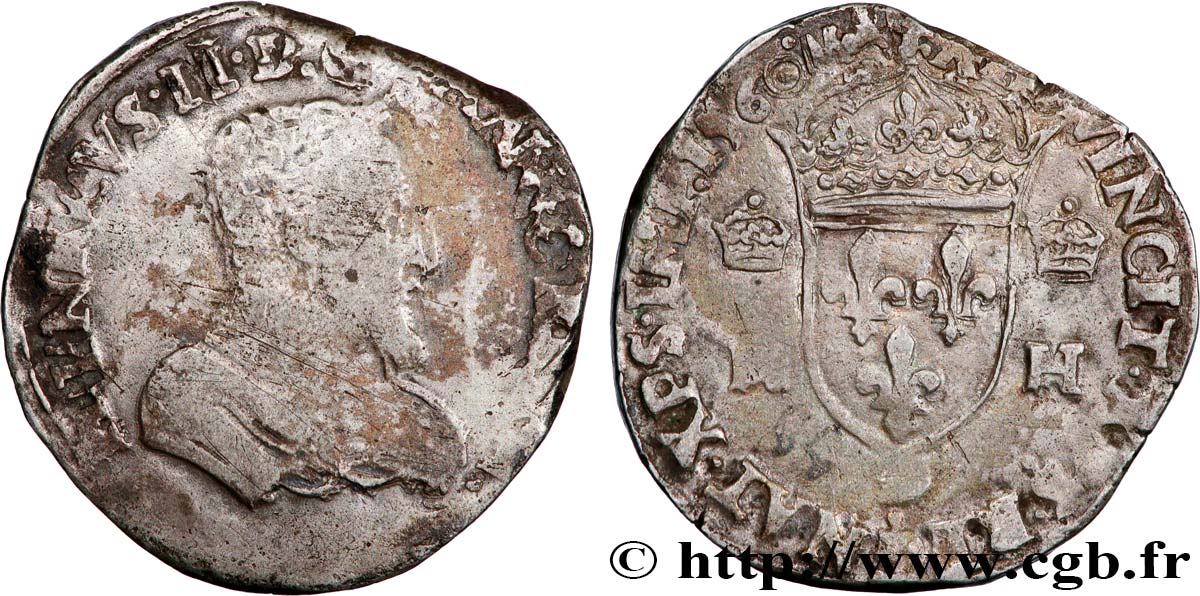 FRANÇOIS II. MONNAYAGE AU NOM D HENRI II Teston à la tête nue, 1er type 1560 Lyon TB/TB+