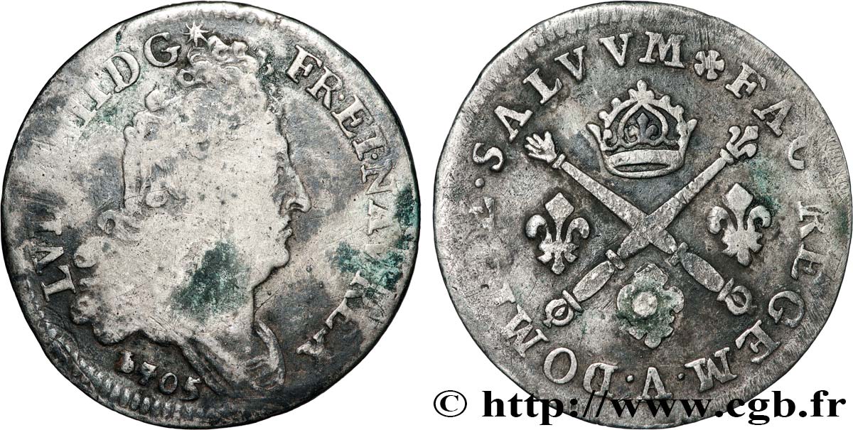 LOUIS XIV  THE SUN KING  10 sols aux insignes 1705 Paris VF/VF
