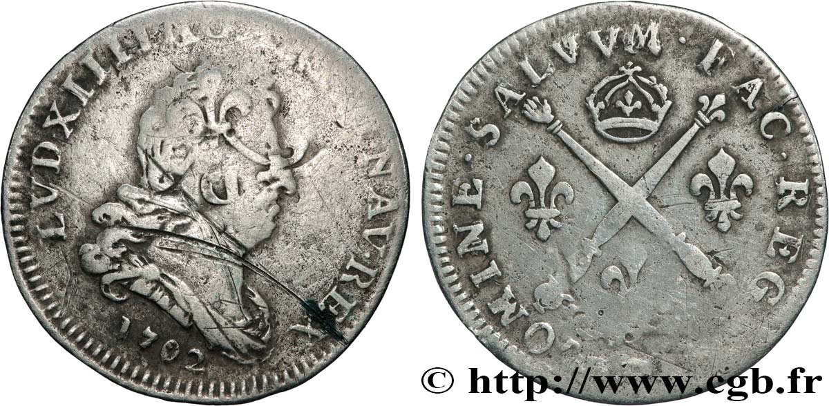 LOUIS XIV LE GRAND OU LE ROI SOLEIL Cinq sols aux insignes 1702 Paris TB