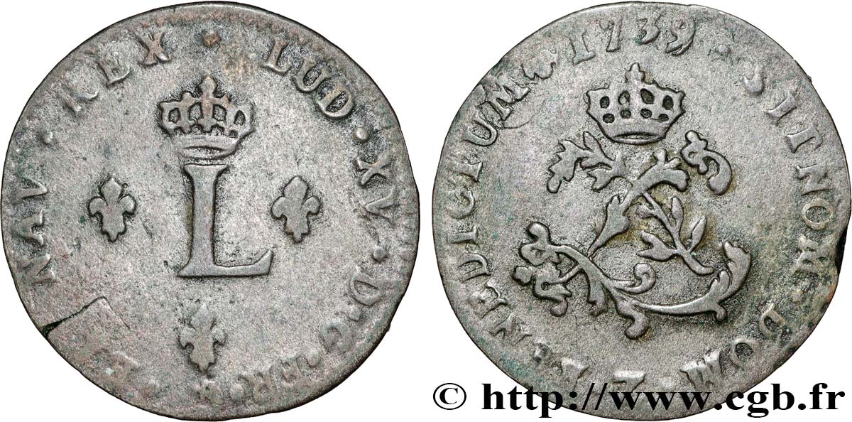 LOUIS XV DIT LE BIEN AIMÉ Double sol de billon 1739 Grenoble TB+