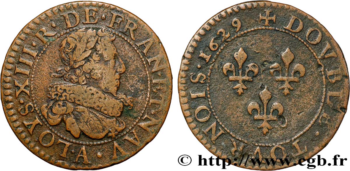 LOUIS XIII  Double tournois, type 6 de Paris 1629 Paris BC+