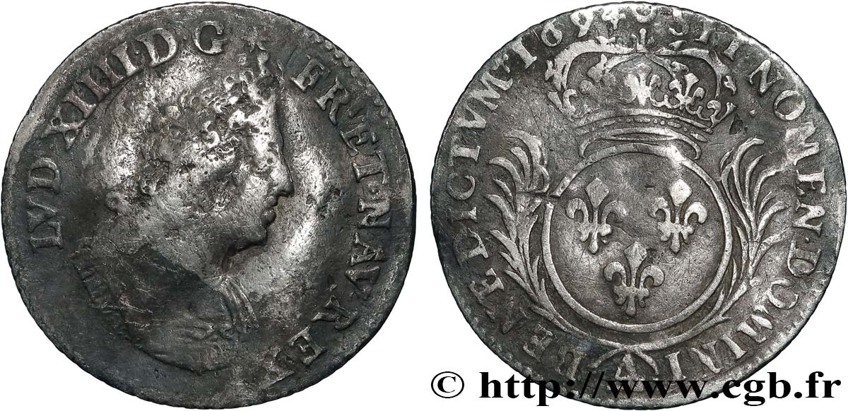 LOUIS XIV  THE SUN KING  Douzième d écu aux palmes 1694 Paris VF