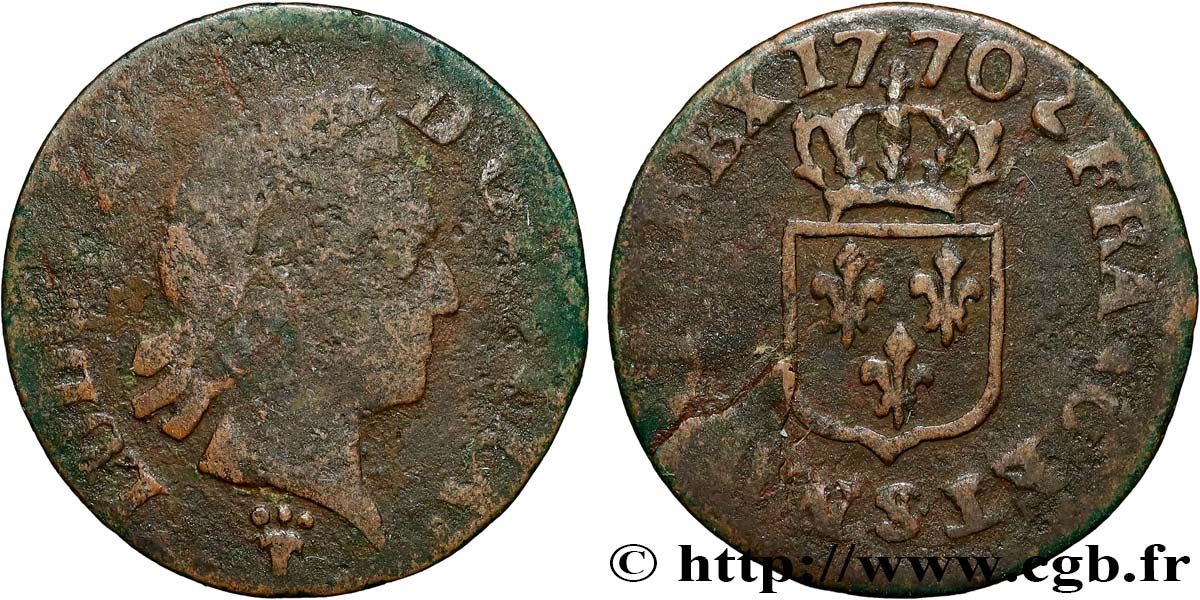 LOUIS XV DIT LE BIEN AIMÉ Liard dit  à la vieille tête  1770 Reims TB