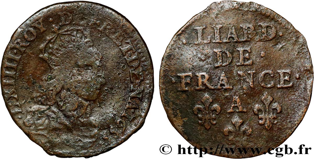 LOUIS XIV LE GRAND OU LE ROI SOLEIL Liard de cuivre, 2e type 1655 Corbeil TB