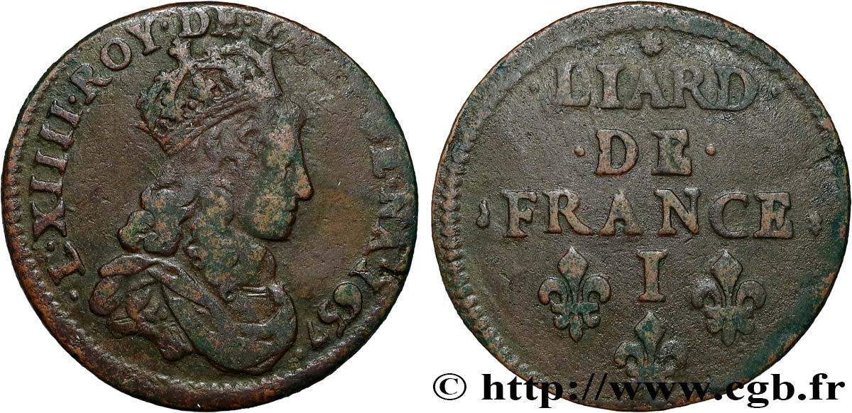 LOUIS XIV LE GRAND OU LE ROI SOLEIL Liard de cuivre, 2e type 1657 Limoges TB