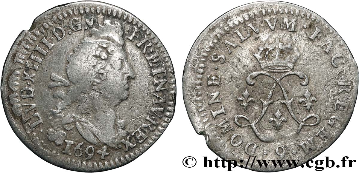 LOUIS XIV  THE SUN KING  Quatre sols aux deux L 1694 Rennes VF