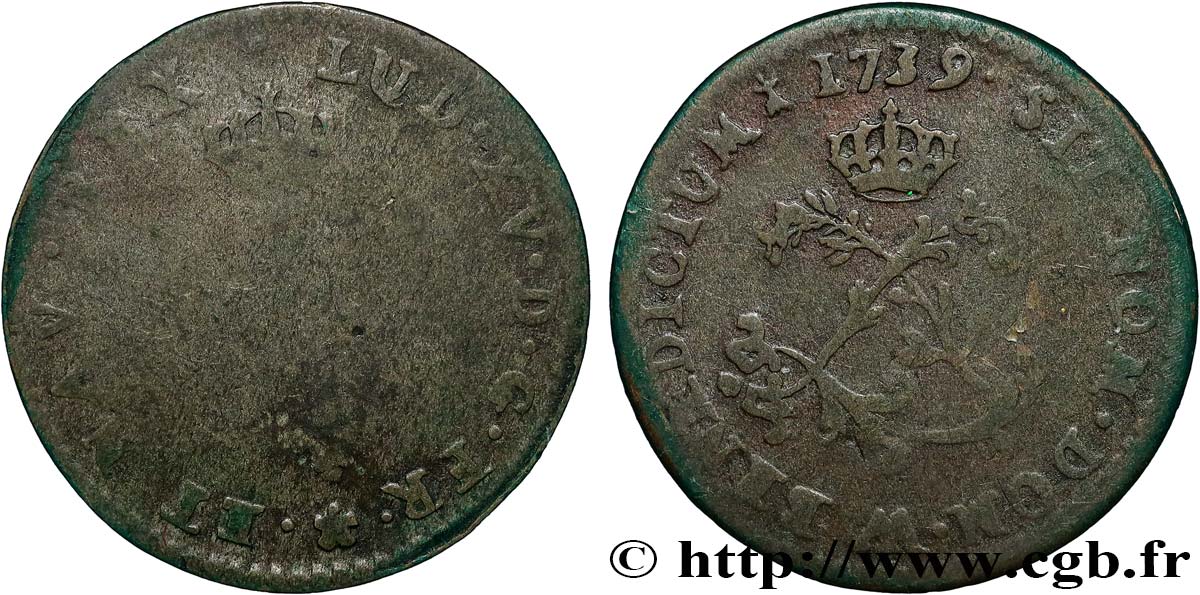 LOUIS XV  THE WELL-BELOVED  Double sol de billon 1739 Metz q.MB