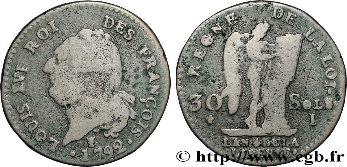 LOUIS XVI 30 sols dit  au génie , type FRANÇOIS 1792 Limoges VF
