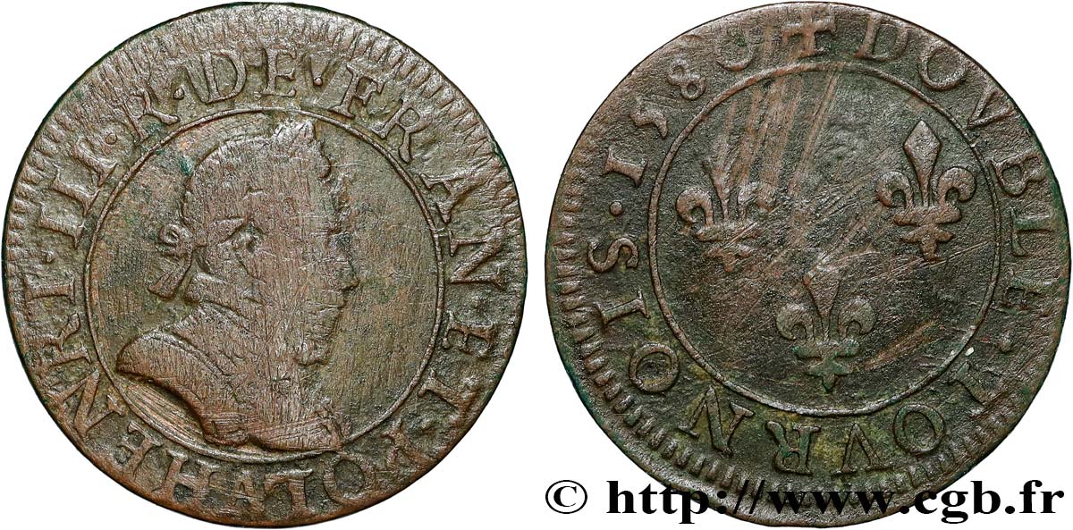 HENRI III Double tournois, 1er type de Paris 1580 Paris, Moulin des Étuves TB+