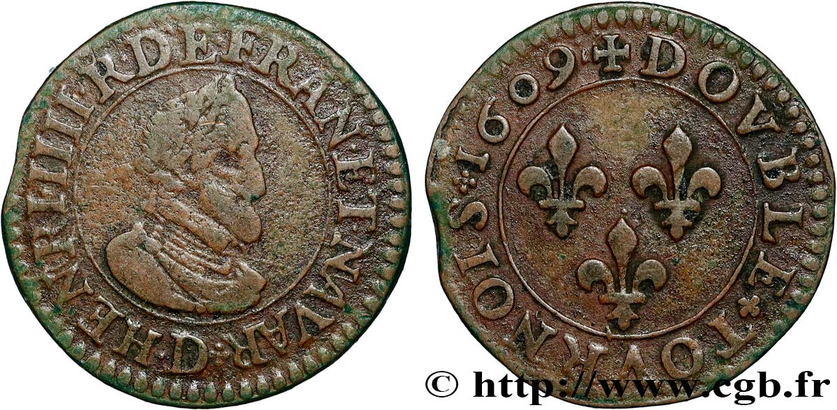 HENRY IV Double tournois 1609 Lyon q.BB