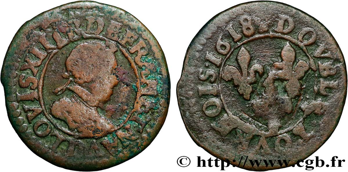 LOUIS XIII LE JUSTE Double tournois, type 4 1618 Lyon TB