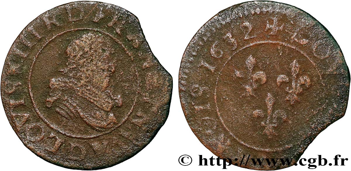 LOUIS XIII LE JUSTE Double tournois, type 8 1632 Lyon TB