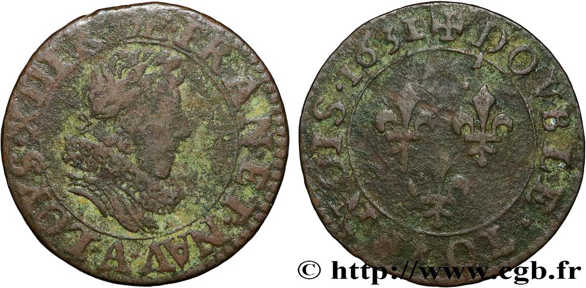 LOUIS XIII Double tournois, type 5 1631 Paris VF