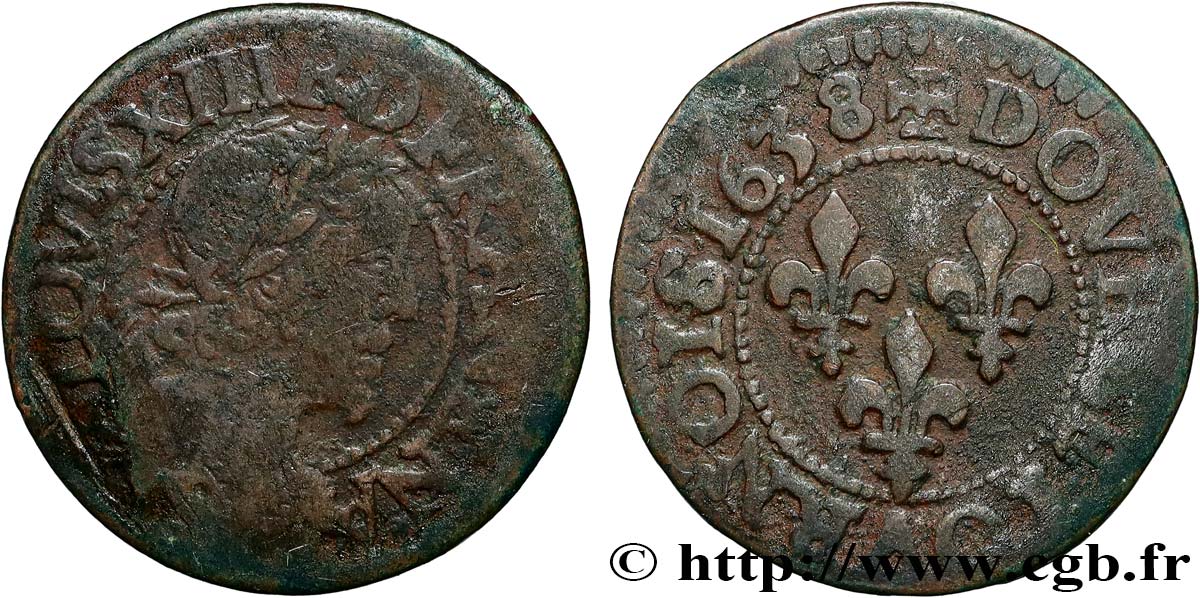 LOUIS XIII  Double tournois, type 12 1638 Tours q.BB