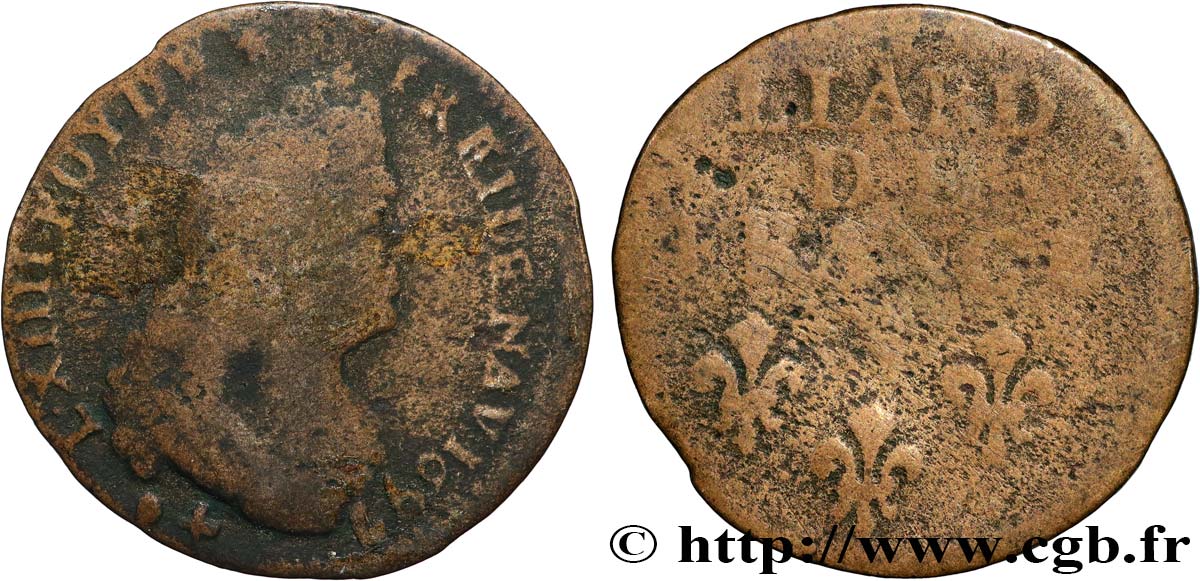 LOUIS XIV  THE SUN KING  Liard, 3e type, buste âgé 1697 Montpellier VF