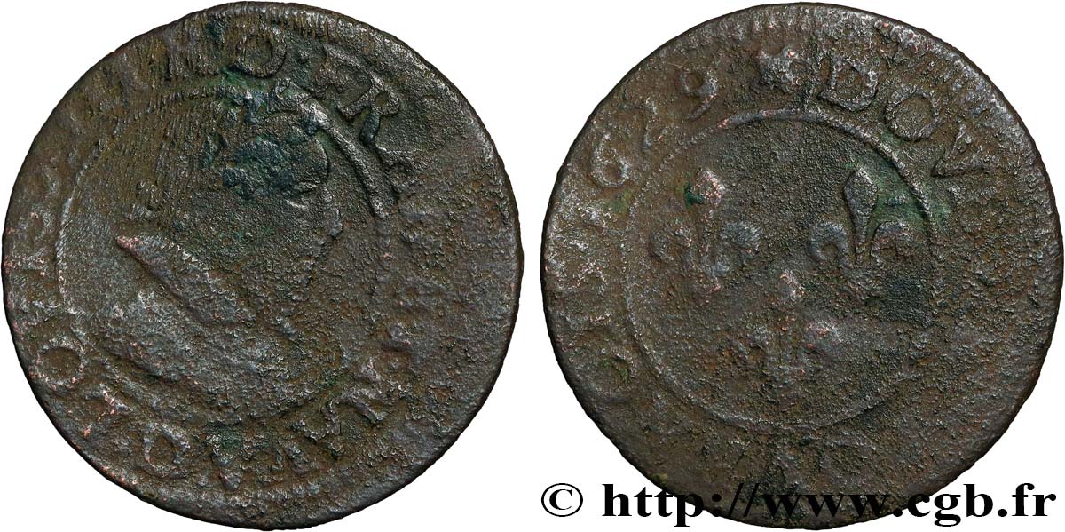 LOUIS XIII LE JUSTE Double tournois, type 6 de Lyon 1629 Lyon TB