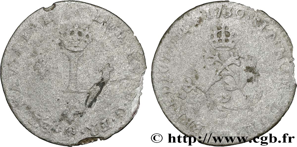LOUIS XV DIT LE BIEN AIMÉ Double sol de billon 1739 Rouen B+