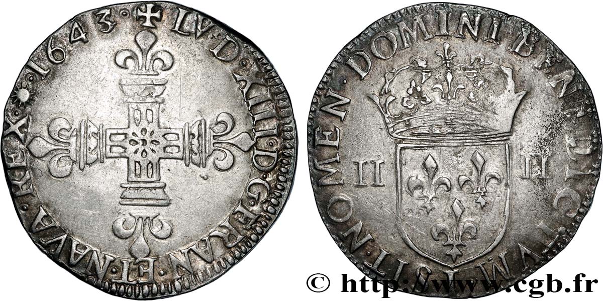 LOUIS XIII  Quart d écu, à la croix fleurdelisée, titulature côté croix 1643 Limoges q.SPL