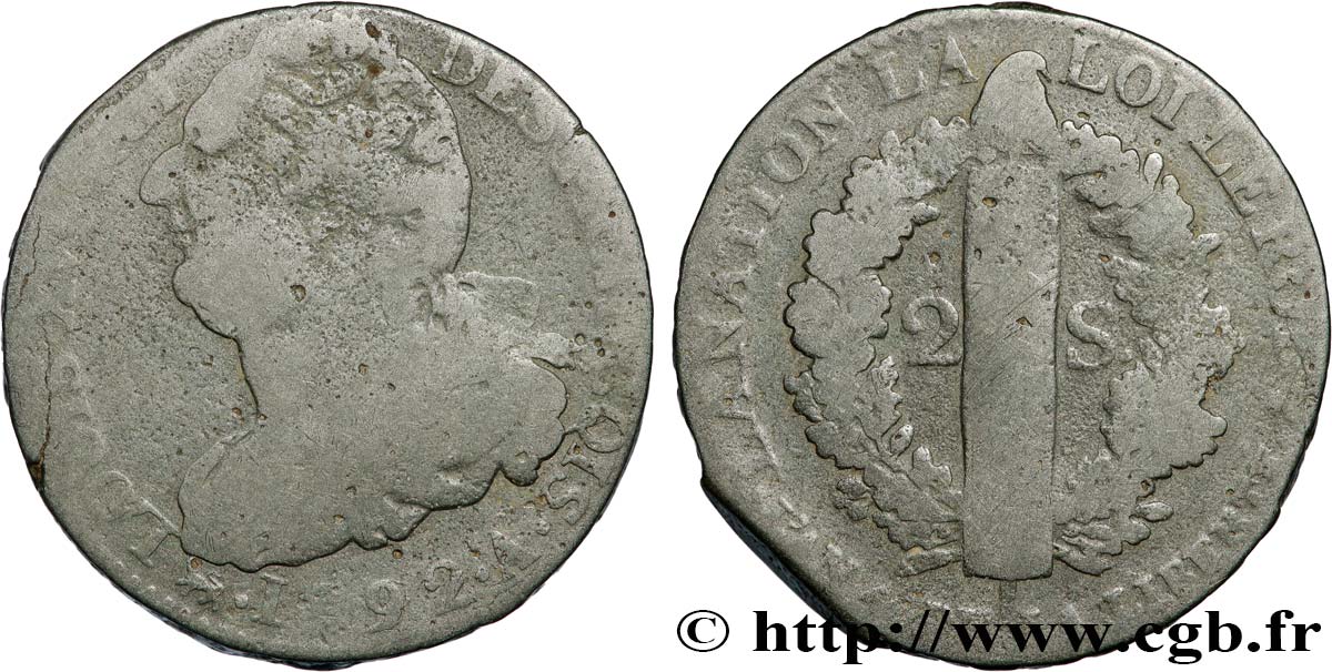 LOUIS XVI 2 sols dit  au faisceau , type FRANÇOIS 1792 Paris MB