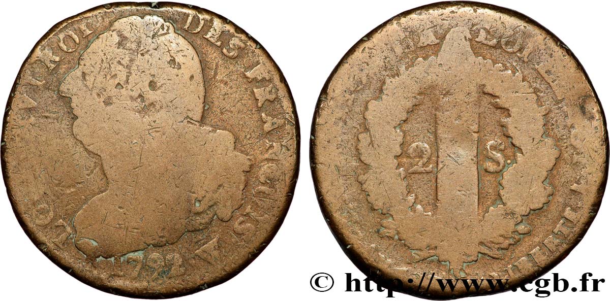LOUIS XVI (MONARQUE CONSTITUTIONNEL)  2 sols dit &nbsp;au faisceau&nbsp;, type FRANCOIS 1792 Lille TB
