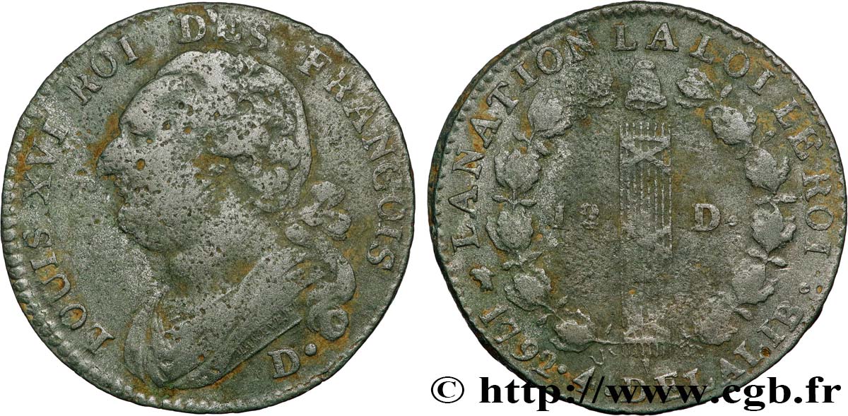 LOUIS XVI 12 deniers dit  au faisceau , type FRANCOIS 1792 Dijon q.BB