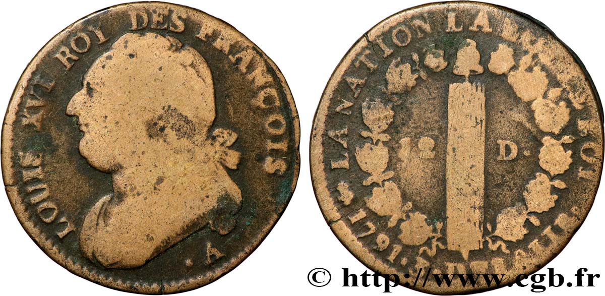 LOUIS XVI (MONARQUE CONSTITUTIONNEL)  12 deniers dit  au faisceau , type FRANÇOIS 1791 Paris TB