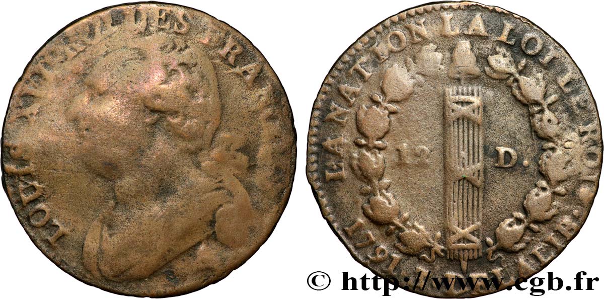 LOUIS XVI (MONARQUE CONSTITUTIONNEL)  12 deniers dit  au faisceau , type FRANCOIS 1791 Paris B+/TB
