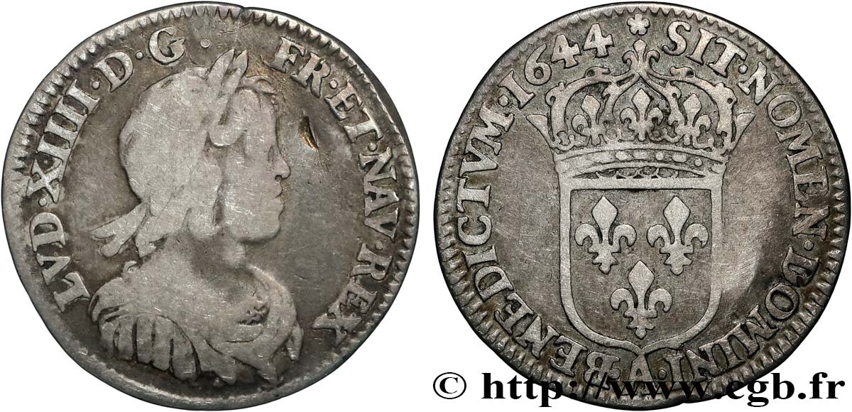 LOUIS XIV LE GRAND OU LE ROI SOLEIL Douzième d écu, portrait à la mèche courte 1644 Paris, Monnaie de Matignon B+/TB