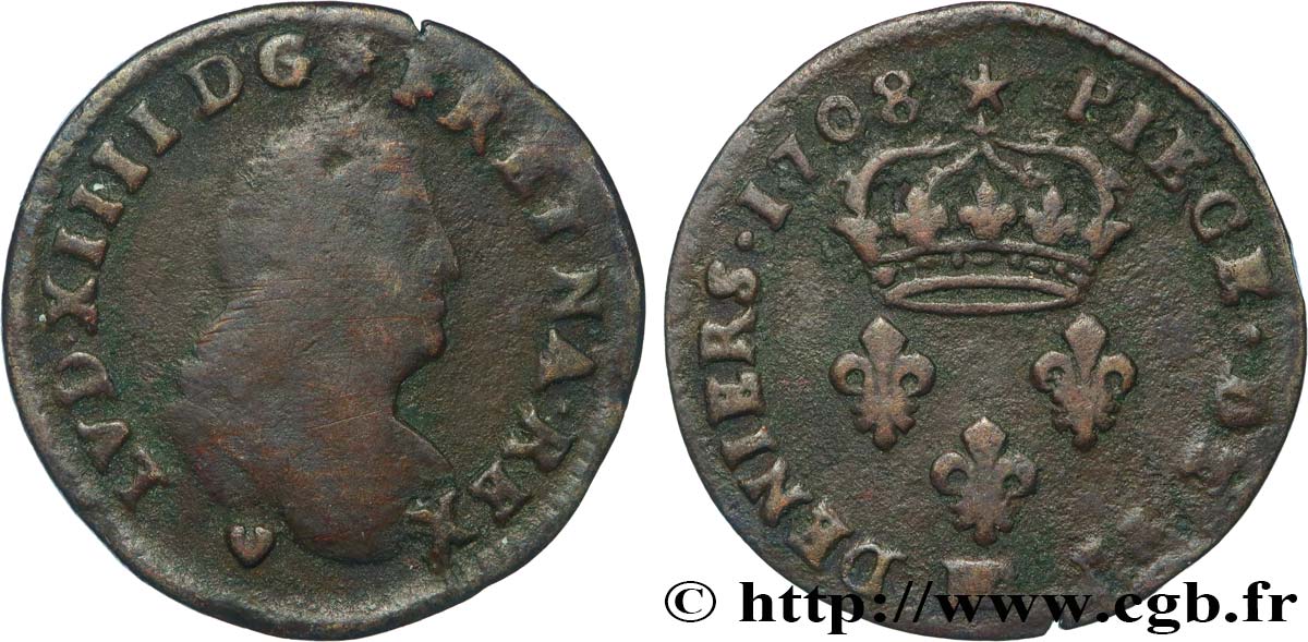 LOUIS XIV  THE SUN KING  II deniers, légende latine 1708 Strasbourg VF/XF