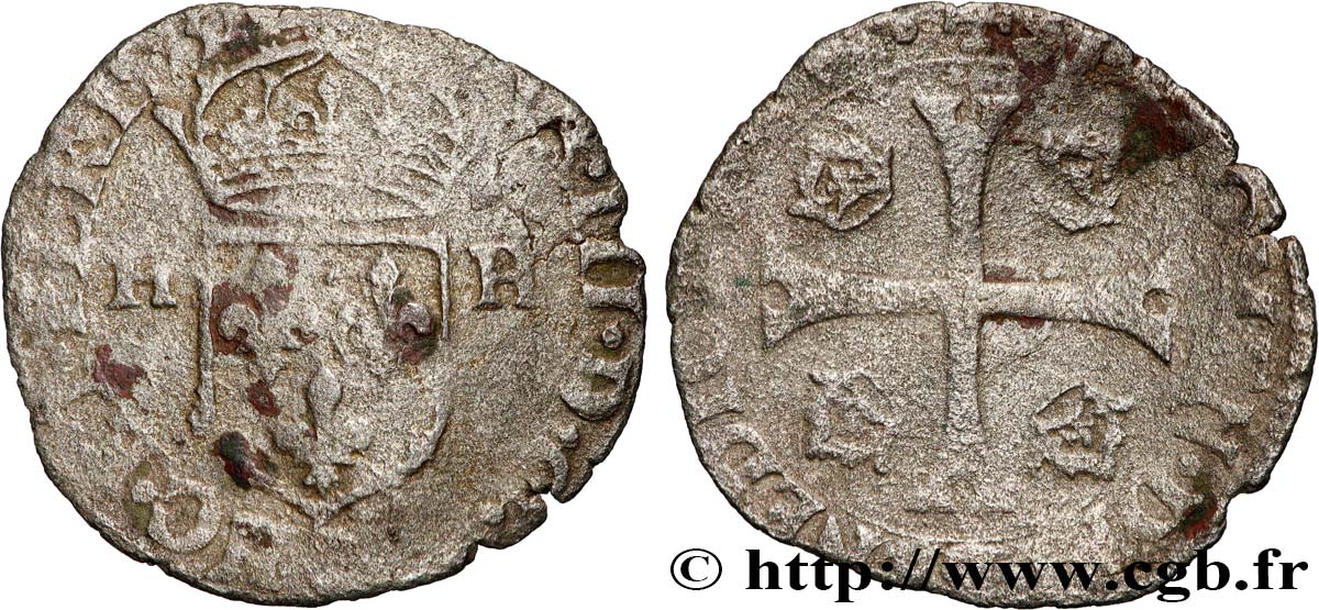 THE LEAGUE. COINAGE IN THE NAME OF HENRY III Douzain aux deux H, 1er type 1593 s.l. VF