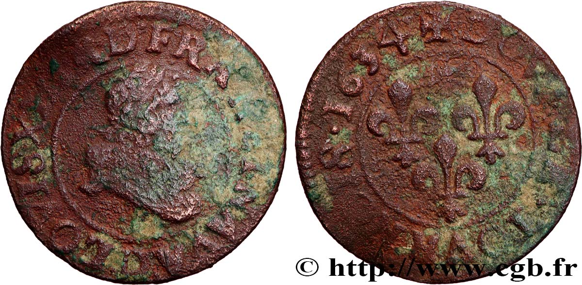 LOUIS XIII LE JUSTE Double tournois, type 8 1634 Lyon TB