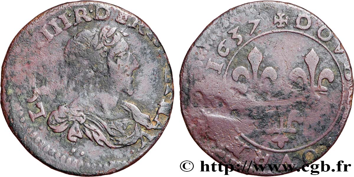 LOUIS XIII Double tournois au grand buste viril drapé 1637 Ateliers de l’axe Loire-Rhône VF