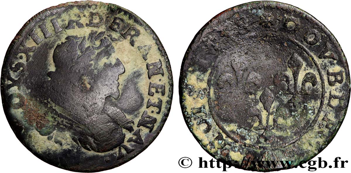 LOUIS XIII  Double tournois au grand buste viril drapé 1638 Ateliers de l’axe Loire-Rhône q.MB