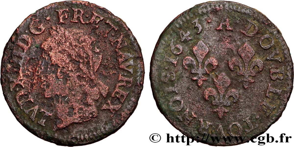 LOUIS XIII LE JUSTE Double tournois, type de Warin 1643 Corbeil TB