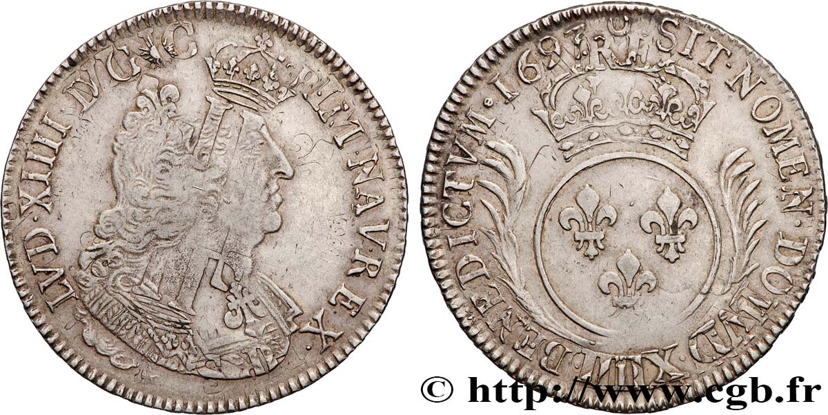 LOUIS XIV  THE SUN KING  Écu aux palmes 1693 Rouen XF