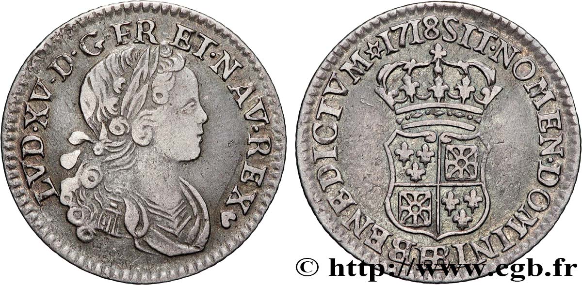 LOUIS XV  THE WELL-BELOVED  Dixième d écu dit  de France-Navarre  1718 Strasbourg XF