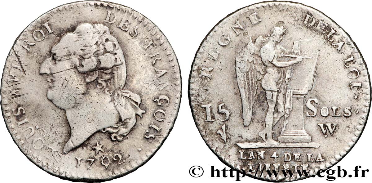 LOUIS XVI (MONARQUE CONSTITUTIONNEL)  15 sols dit  au génie , type FRANCOIS 1792 Lille TB+/TTB