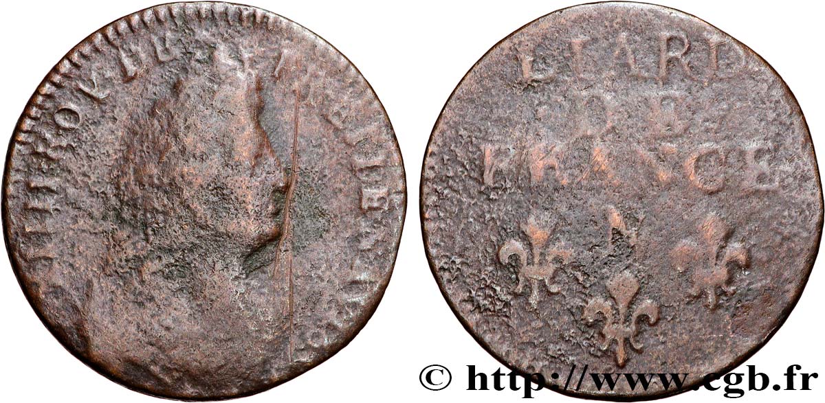 LOUIS XIV LE GRAND OU LE ROI SOLEIL Liard, 3e type, buste âgé 1697 Montpellier TB